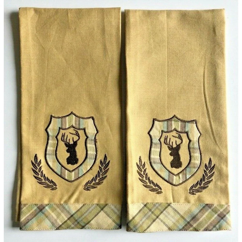Park Designs Deer Embroidered Dish Towels Sack Cloth Cabin Rustic Lodge Set of 2